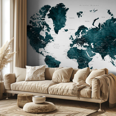 Dark teal world map with cities, Makani rumsbild 3