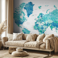 Kartor Watercolor world map with cities Uzziel - Turkos upptäckarglädje – kvalitetsprodukt för ett vackrare och mer hållba...