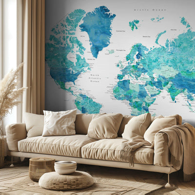 Watercolor world map with cities, Uzziel - Turkos upptäckarglädje rumsbild 3