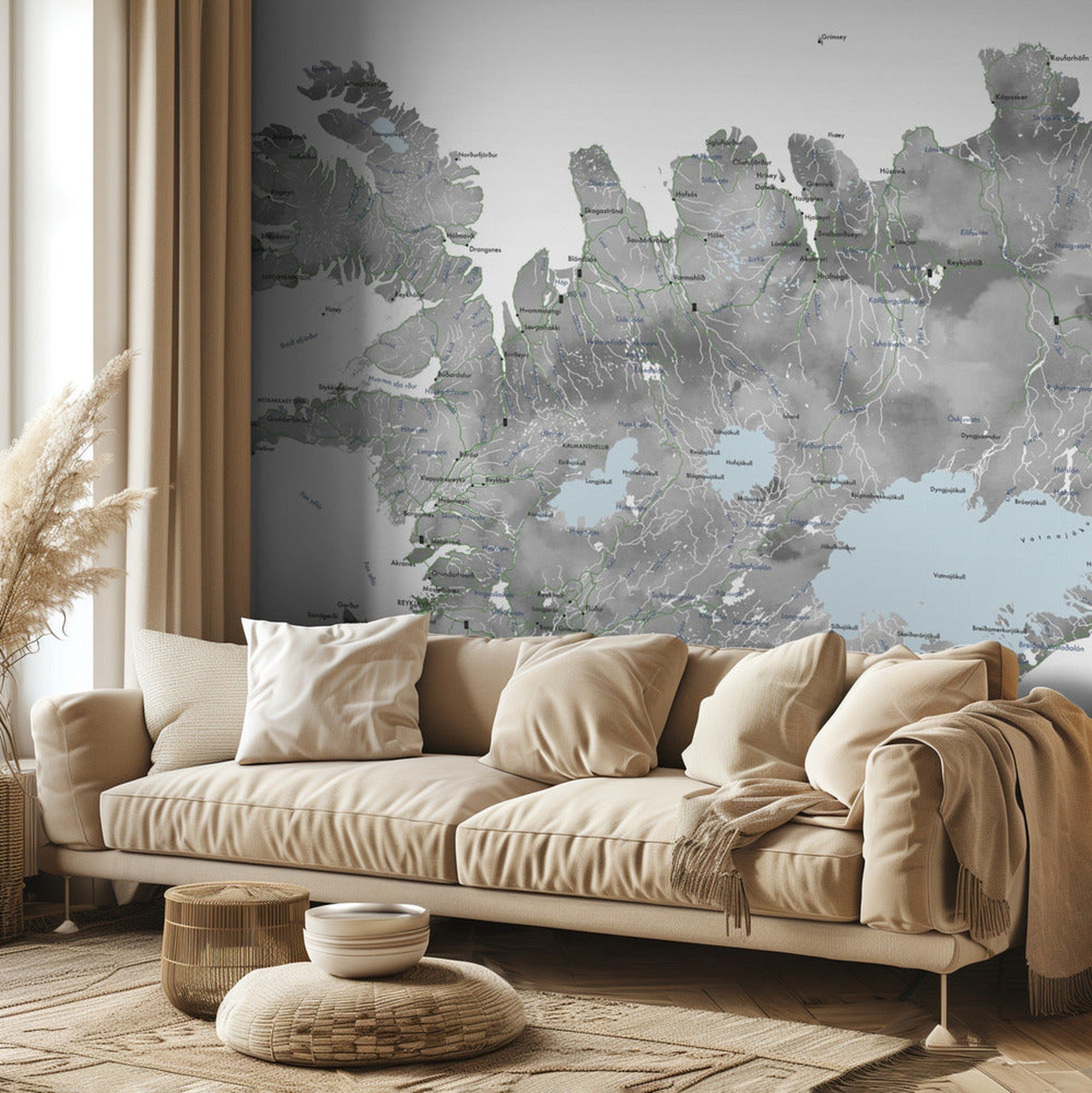 Island - Iceland map in gray watercolor with native labels