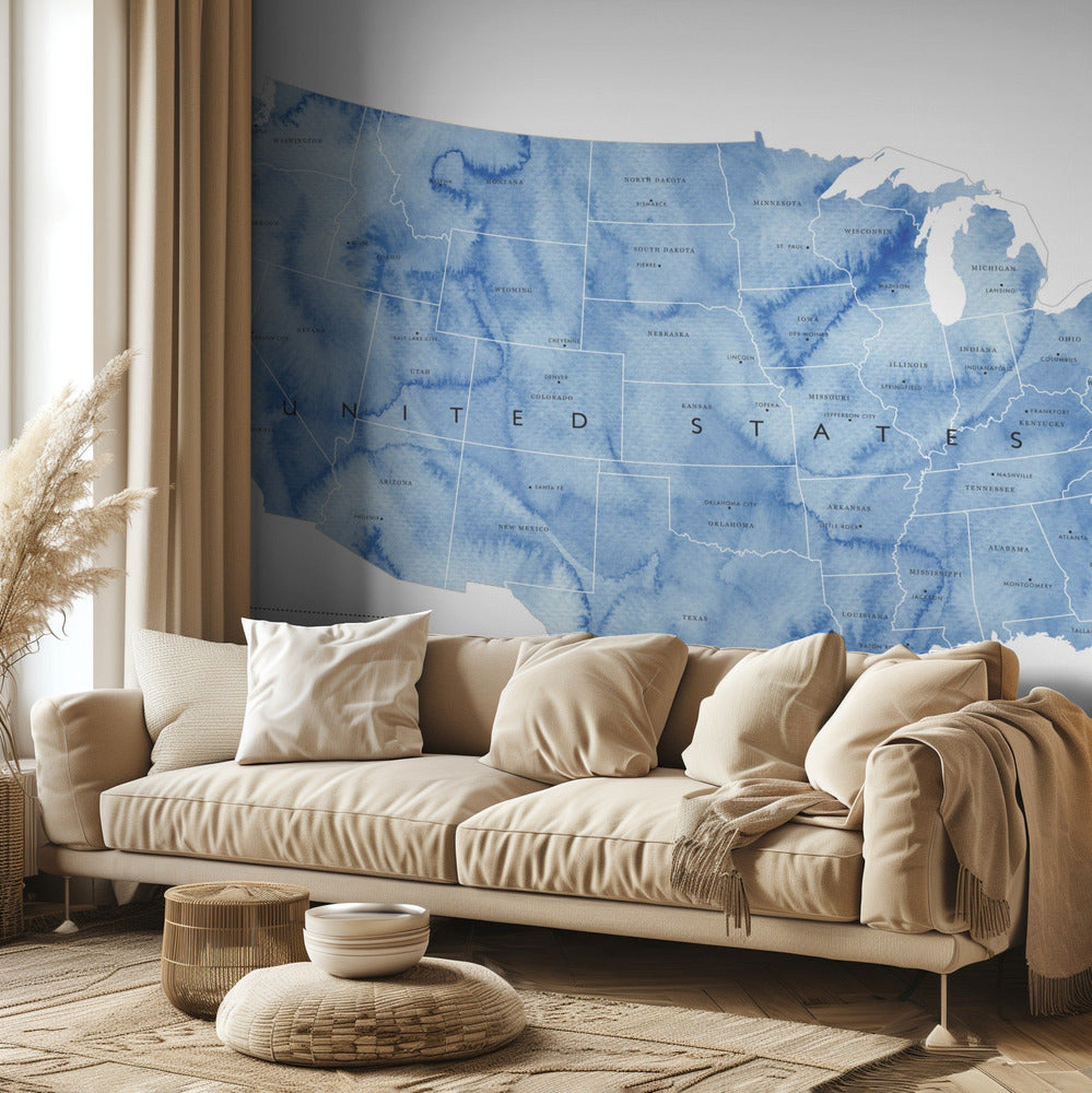 Blue watercolor map of the USA with states and state capitals