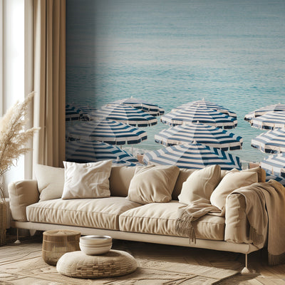 Striped Beach Umbrellas – Fototapet med sommerstemning fra Den franske riviera rumsbild 2