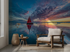Red Sailboat Sunset Reflection