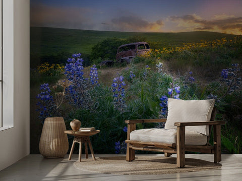 Years – Poetisk fototapet med övergiven bil och vårblommor