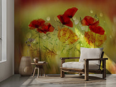 Blommor Dancing - Fototapet med dansande vallmor i rött – fototapet med unikt motiv som skapar en inspirerande fondvägg