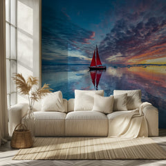 Red Sailboat Sunset Reflection