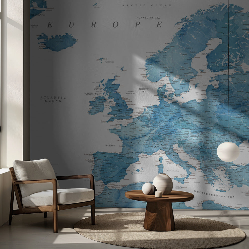 Blue detailed map of Europe