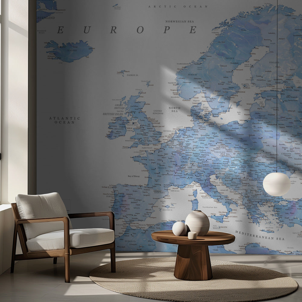 Light blue watercolor detailed map of Europe