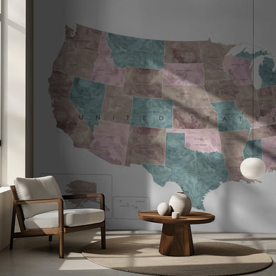 Rosa og blågrønt akvarellkart over USA – rolig og inspirerende rumsbild 2