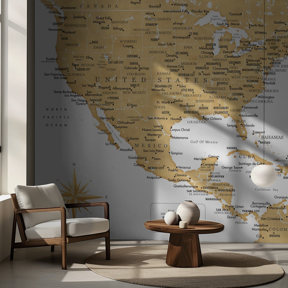 Golden map of USA and Mexico