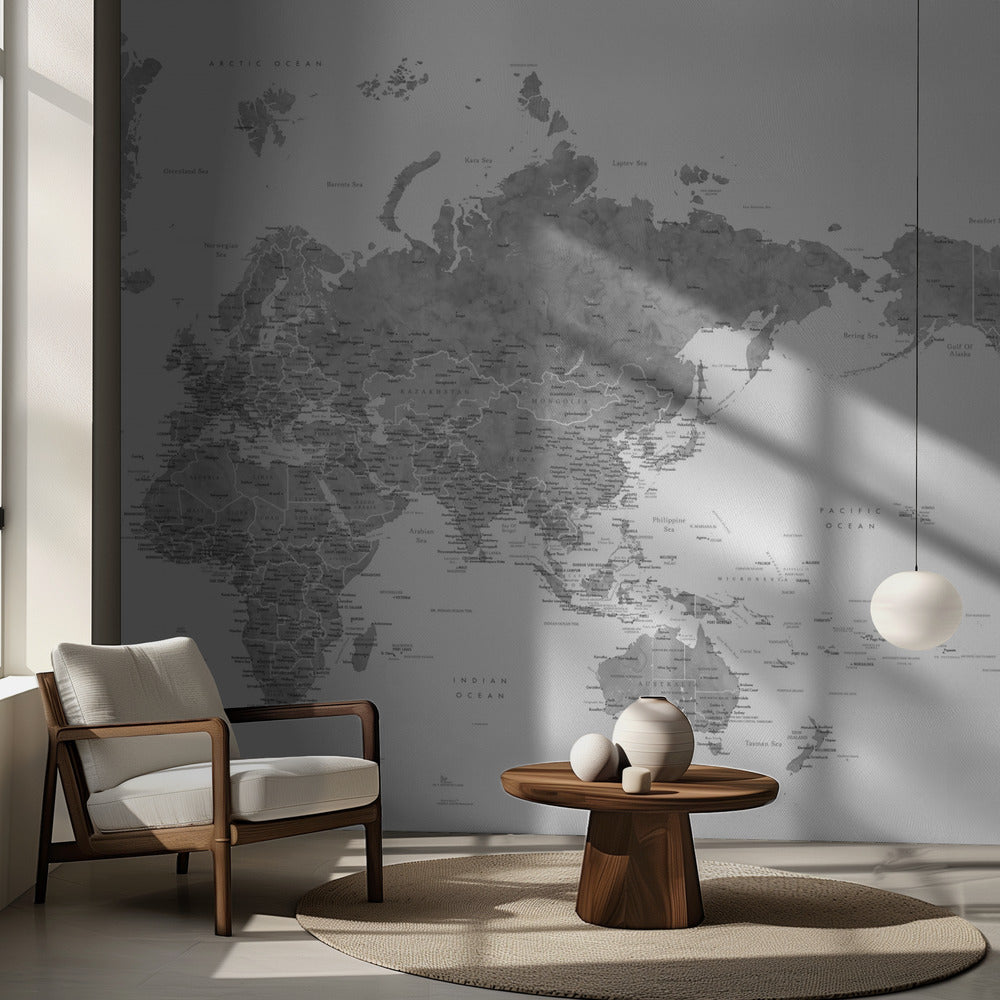 Pacific centered world map in gray watercolor