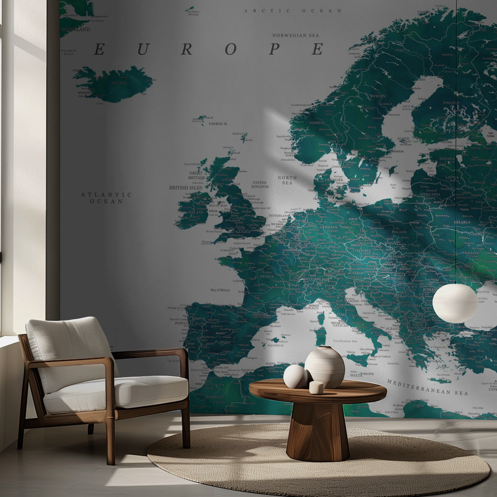 Teal detailed map of Europe
