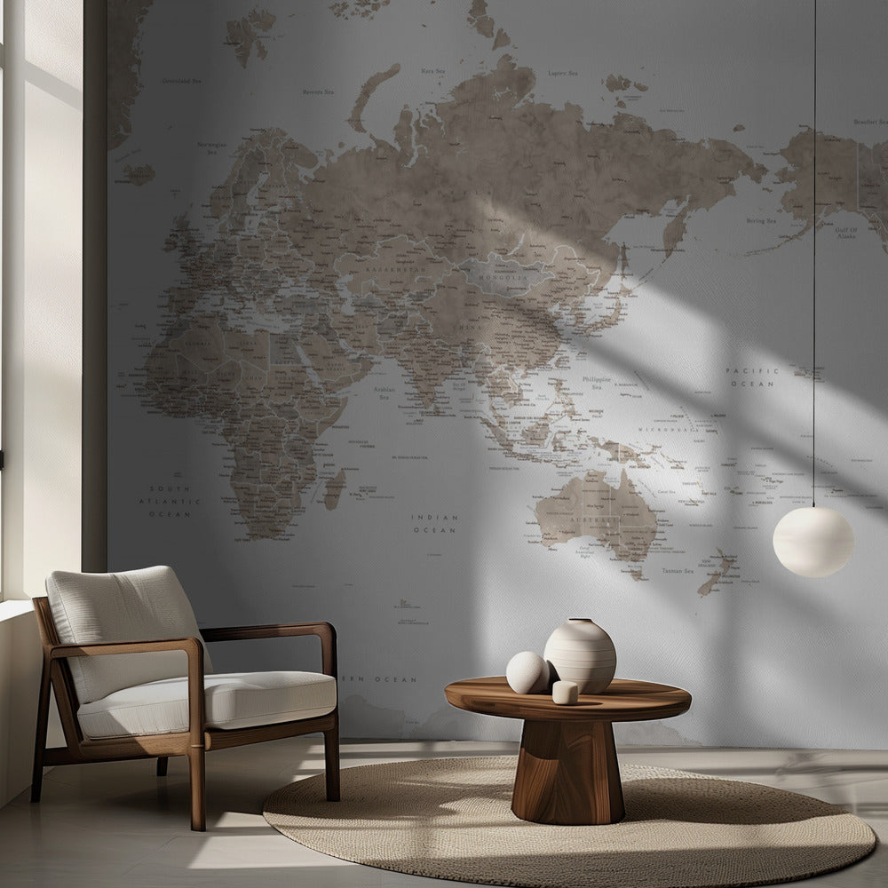 Pacific-centered world map with cities, Abey
