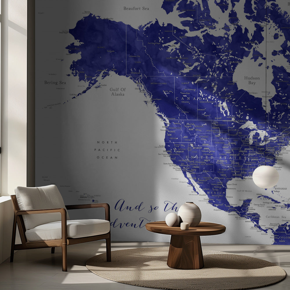 Adventure map of North America in cobalt blue