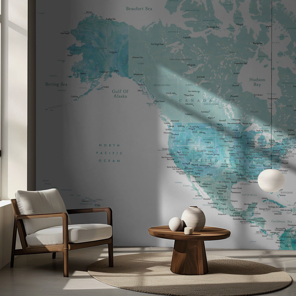 Map of North America in aquamarine watercolor