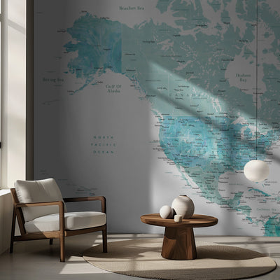 Map of North America in aquamarine watercolor rumsbild 2