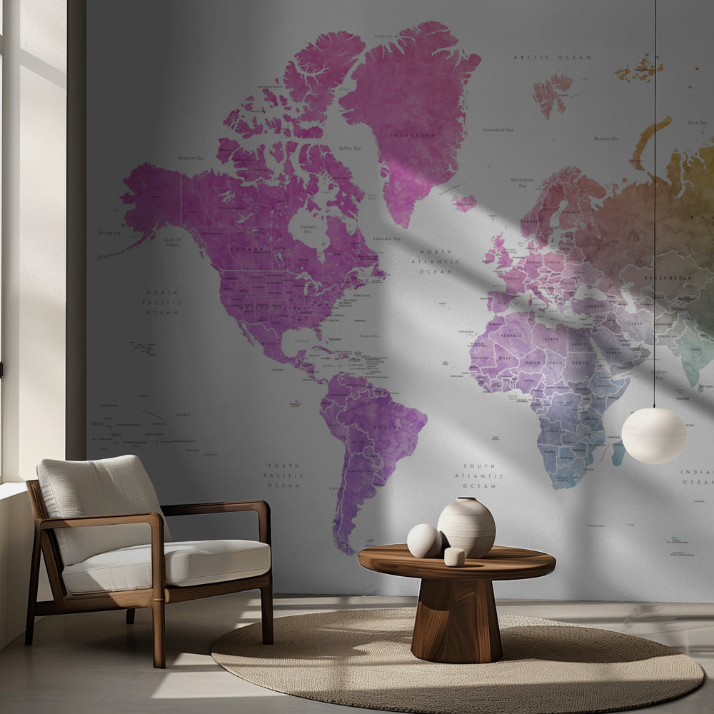 Watercolor world map with countries, Leo