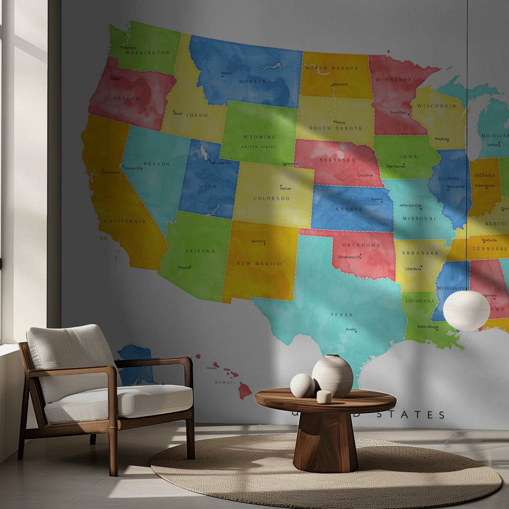 Colorful map of the United States with States and State capitals