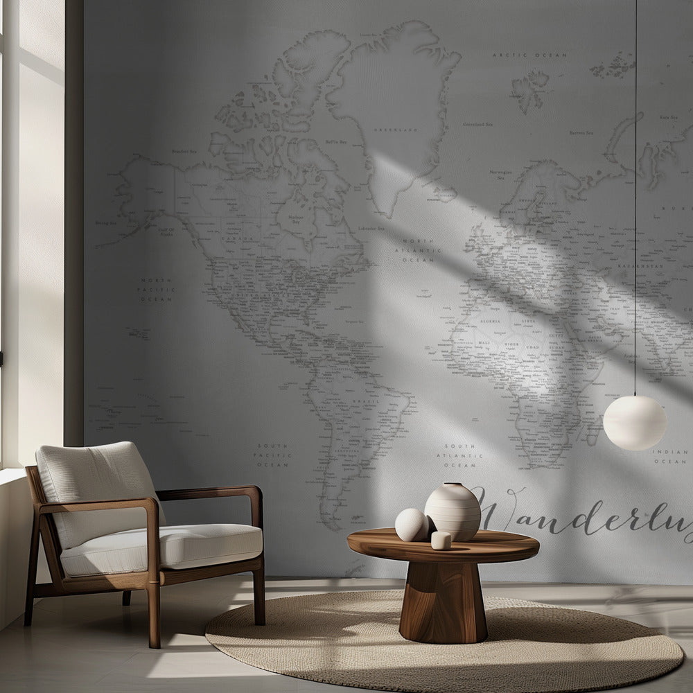 Wanderlust, detailed world map with cities, Maeli white