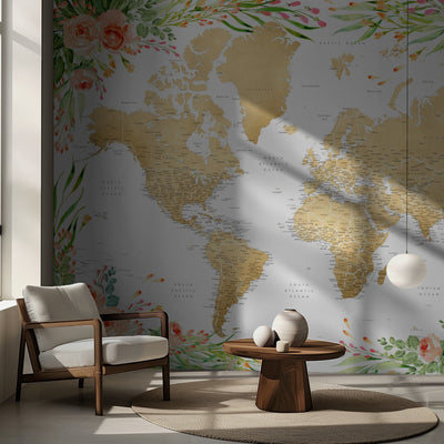 Floral bohemian world map with cities, Blythe rumsbild 2