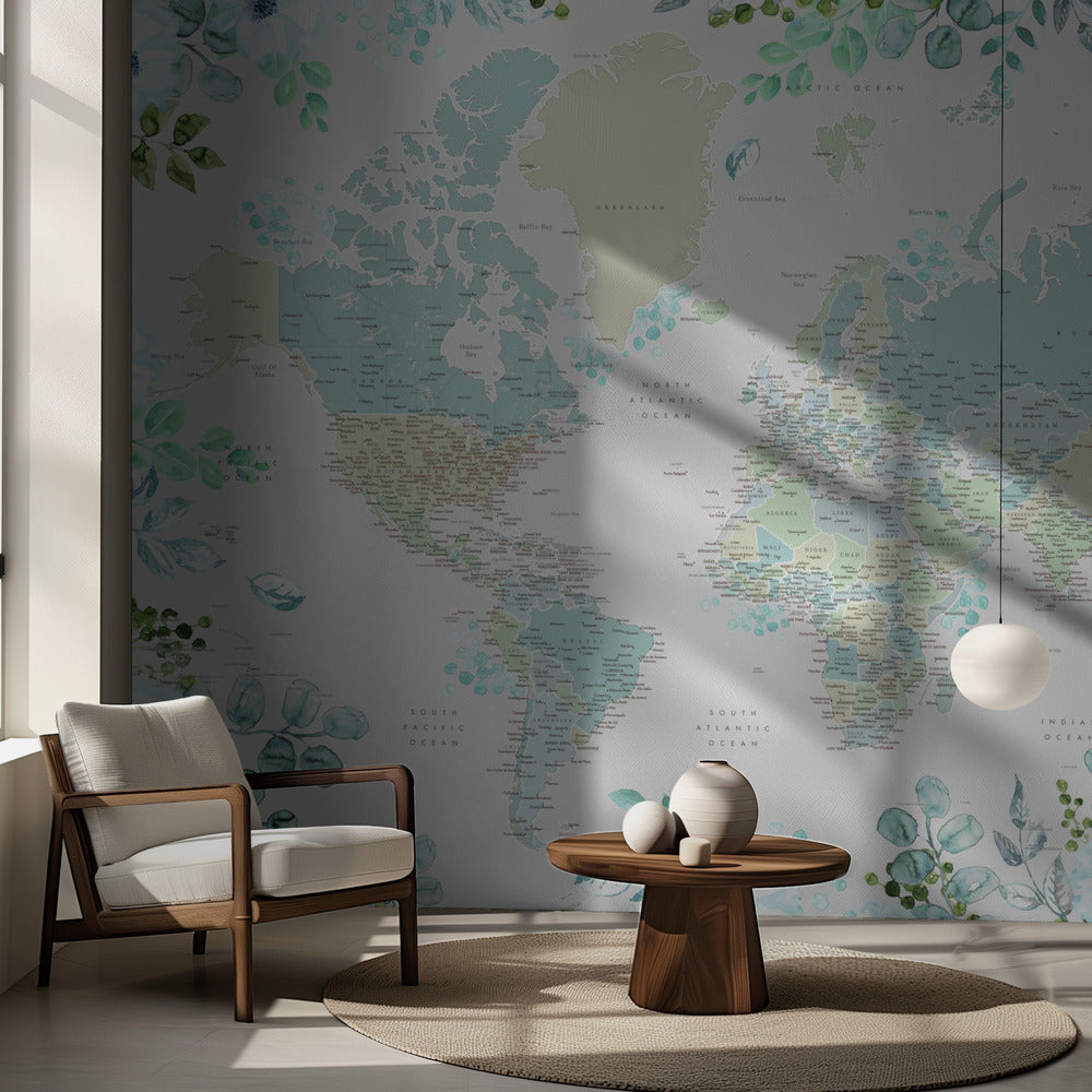 Detailed world map with cities and florals, Marie