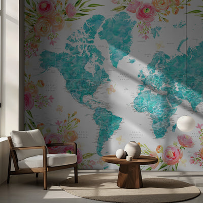 Detailed floral world map with cities, Haven rumsbild 2