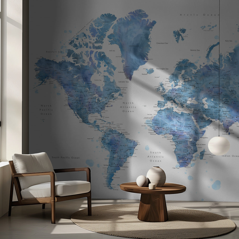 Blue watercolor world map with cities, Simeon