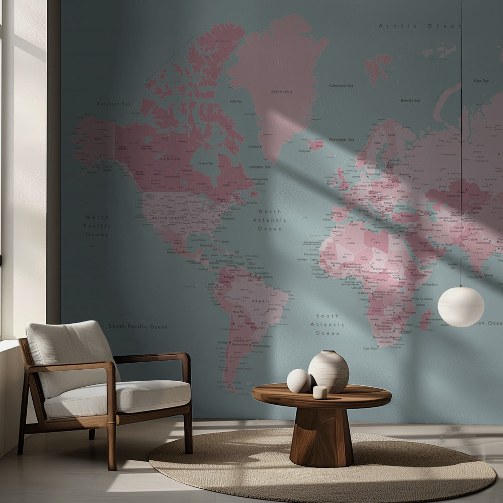 Pink and aqua world map with cities, Isobel