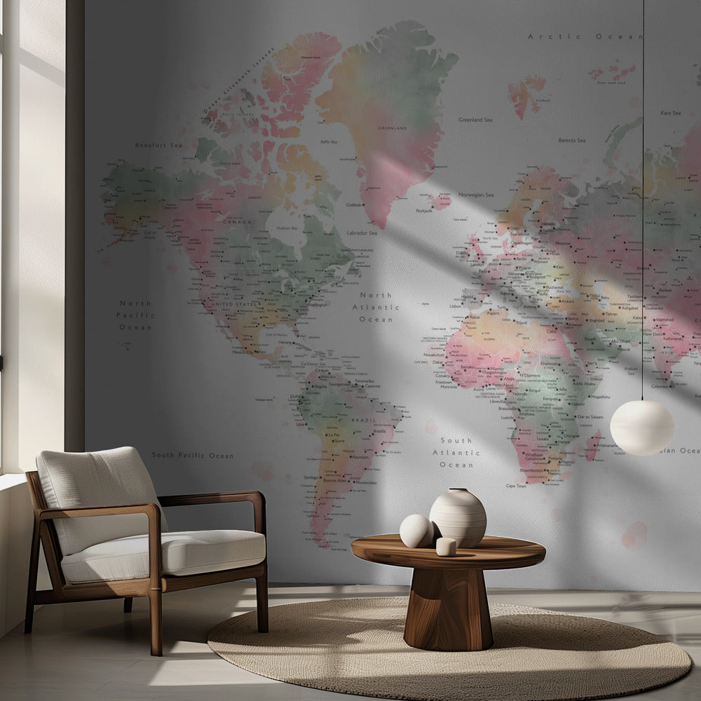 Pastel watercolor world map with cities, Anjah