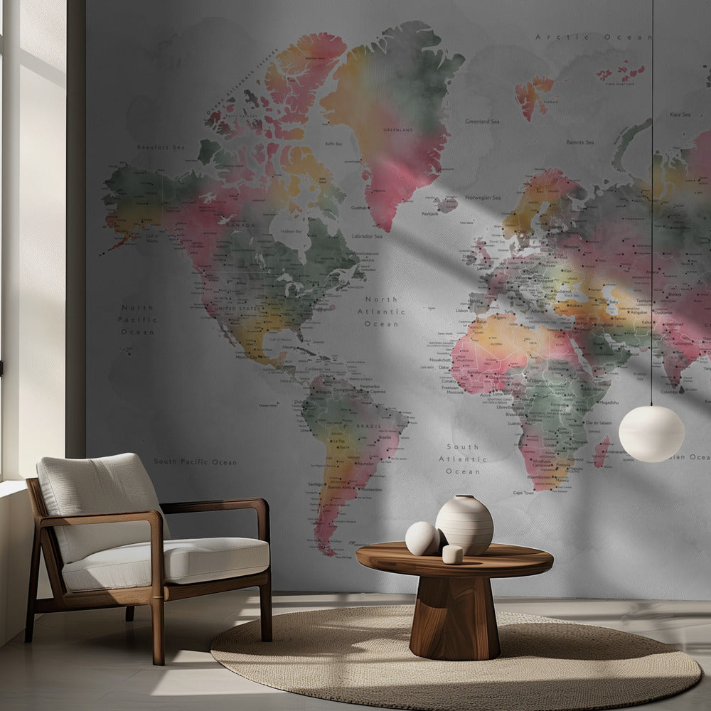 Watercolor world map with cities, Zadie