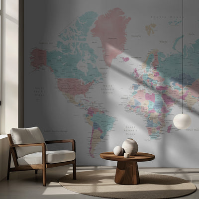 Distressed pastels world map with cities, Carmen rumsbild 2