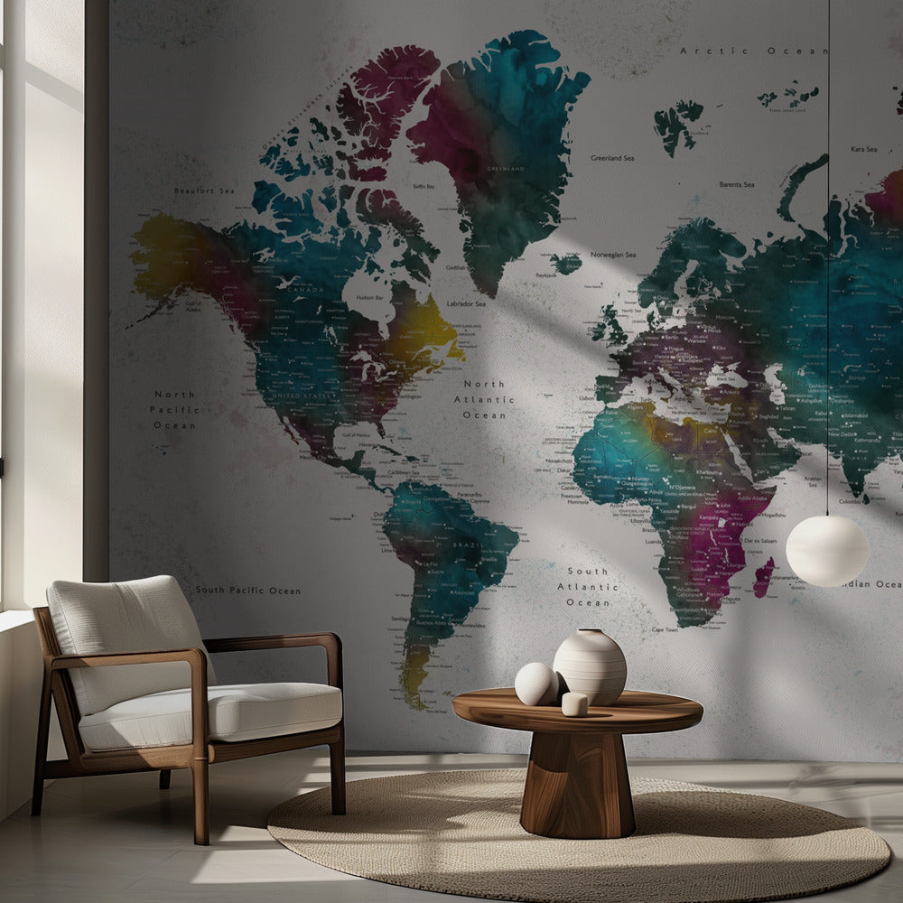 Watercolor world map with cities, Charleena