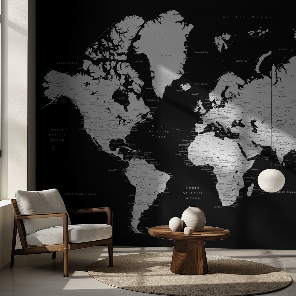 Black and white world map with cities, Connie