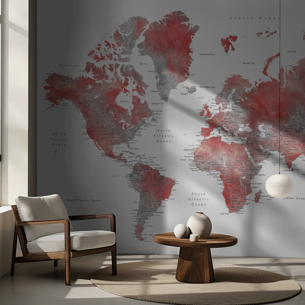 Red world map with cities, Lyssah