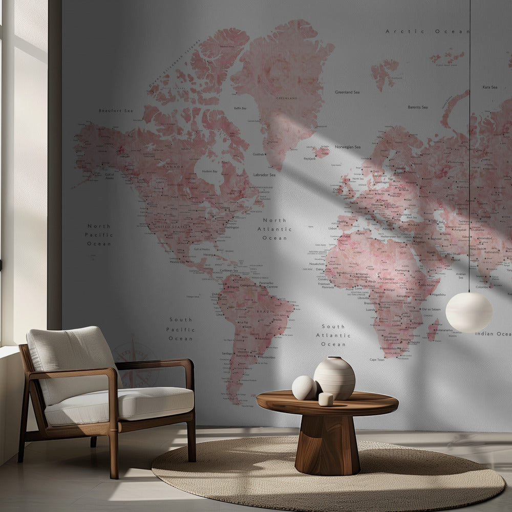 Pink watercolor world map with cities, Alheli