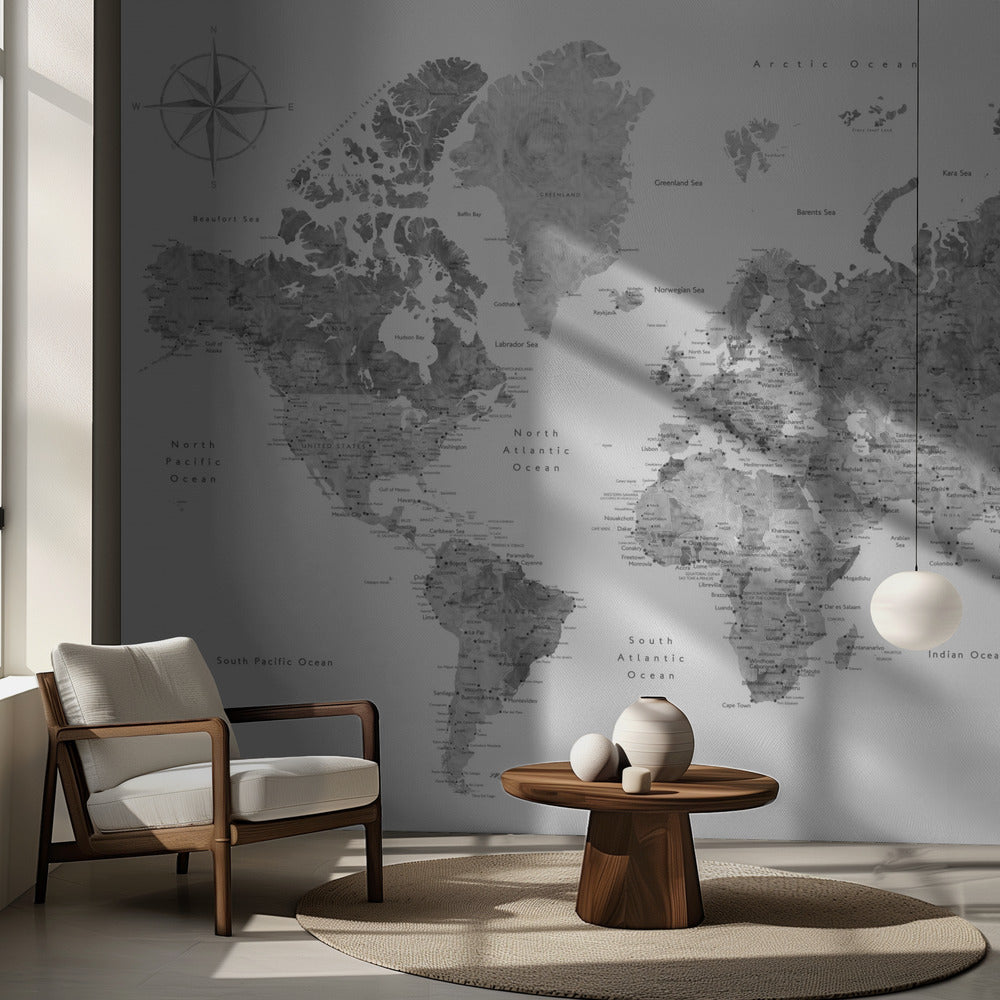 Grayscale watercolor world map with cities, Rylan