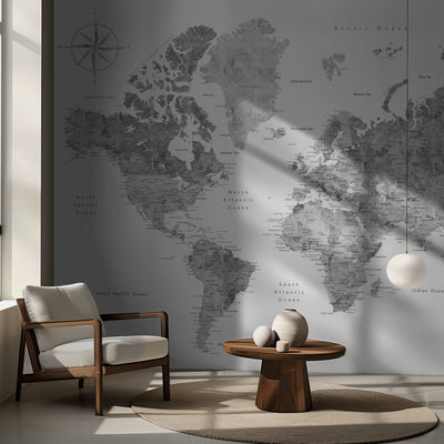 Grayscale watercolor world map with cities, Rylan rumsbild 2
