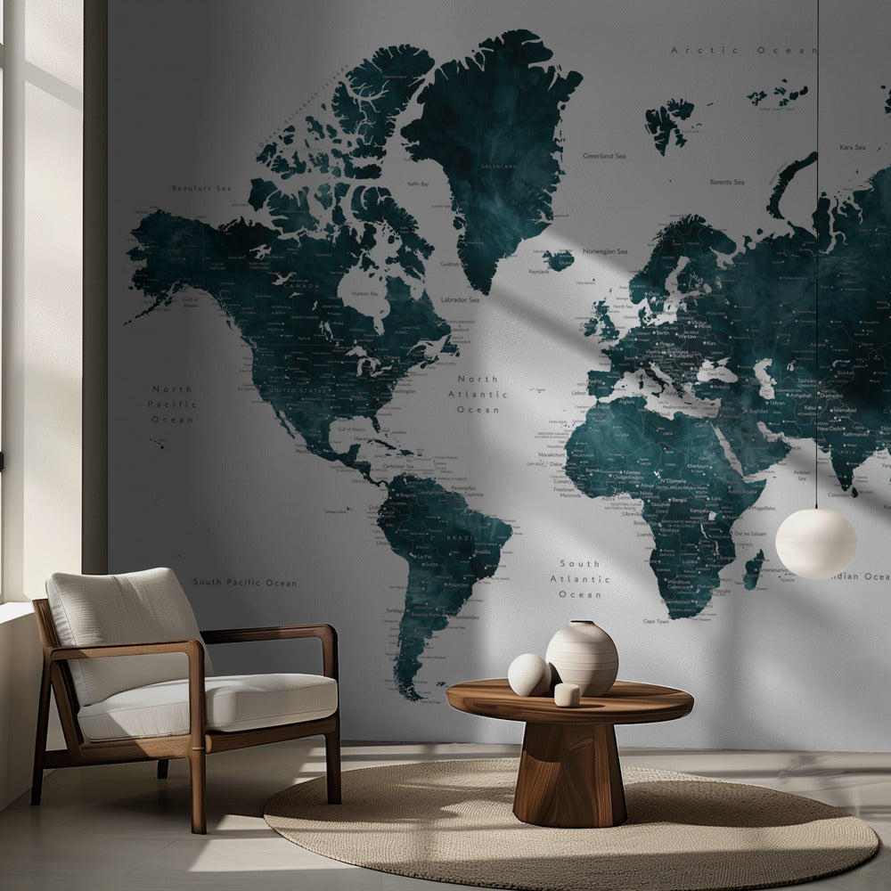 Dark teal world map with cities, Makani