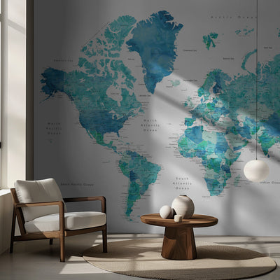Watercolor world map with cities, Uzziel - Turkos upptäckarglädje rumsbild 2