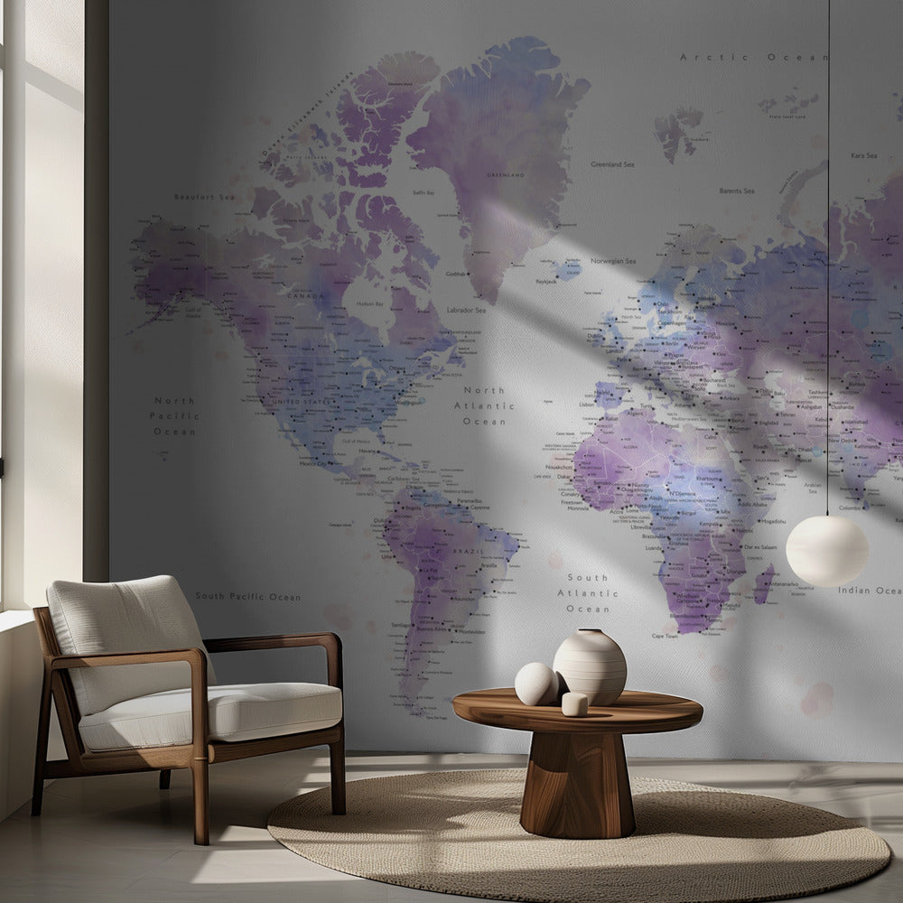 Watercolor world map with cities, Gina