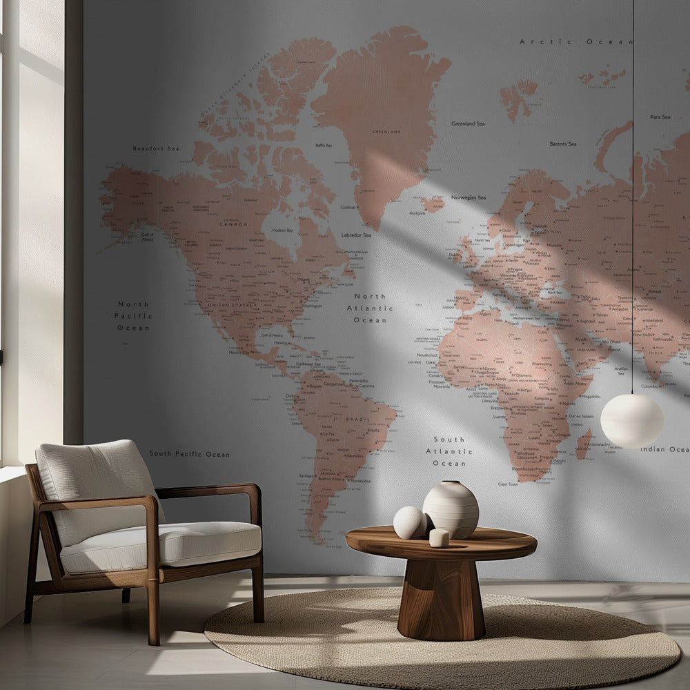 Rose gold world map with cities, Hadi