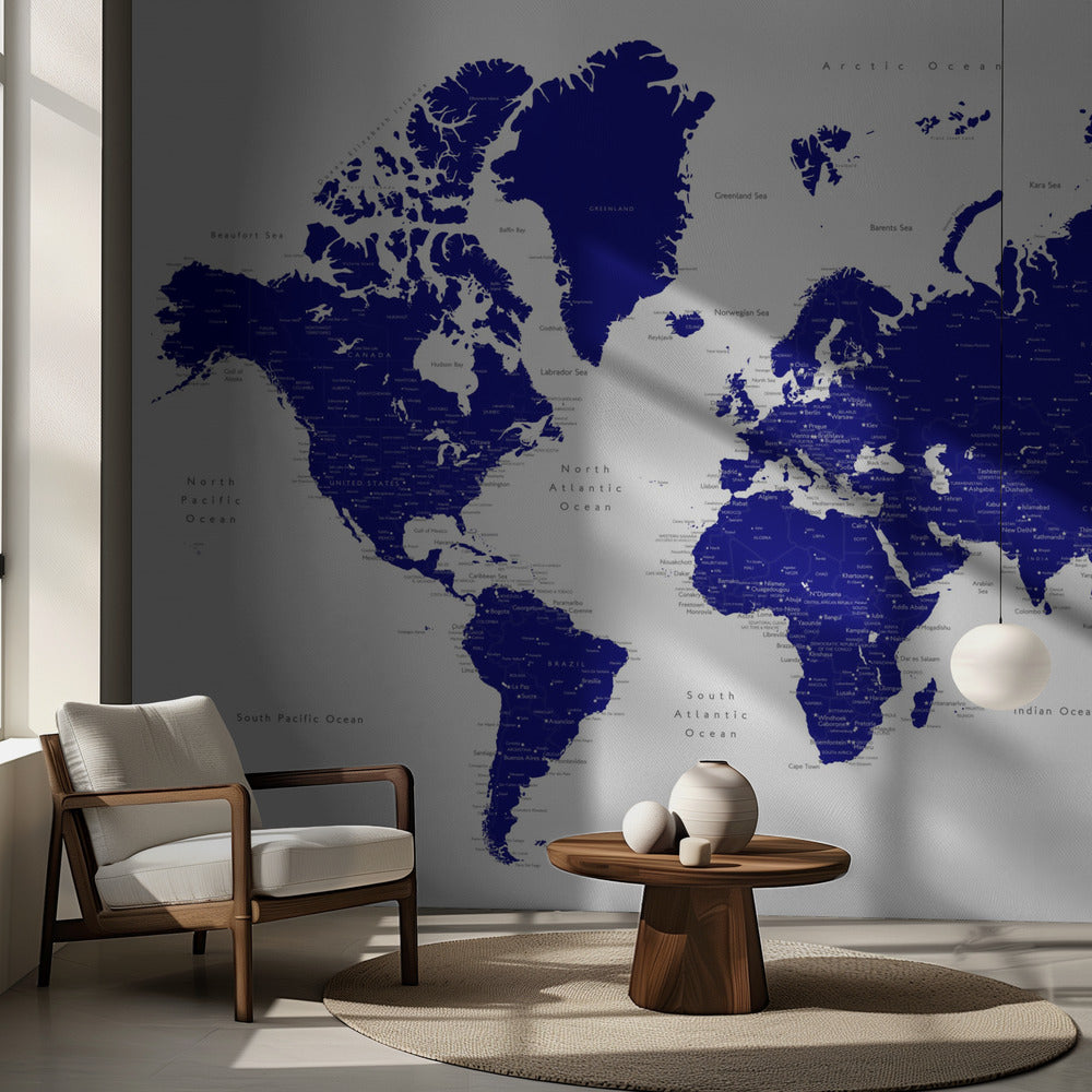Navy blue world map with cities, Nevin