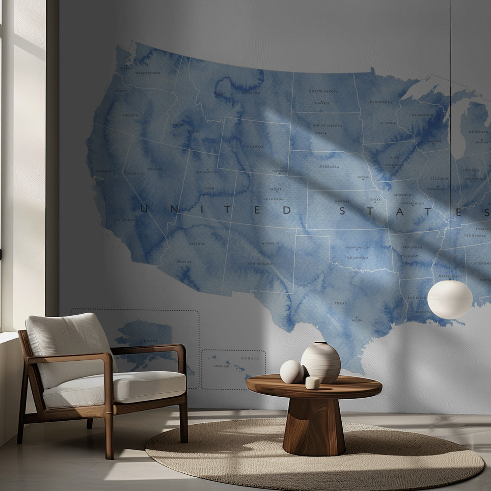 Blue watercolor map of the USA with states and state capitals