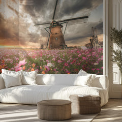 Dutch Windmill Cosmos Sunset