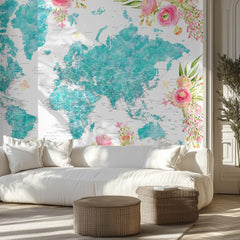 Floral Watercolor World Map