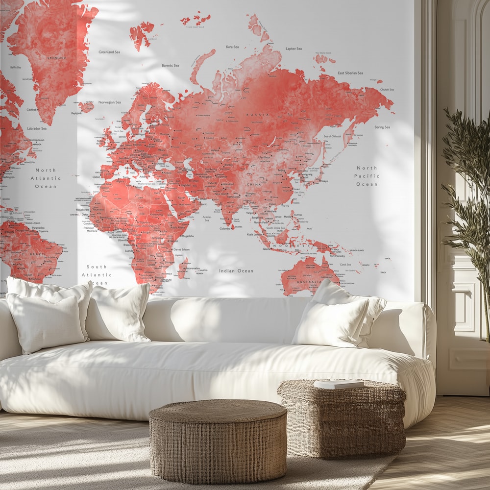 Coral Watercolor World Map