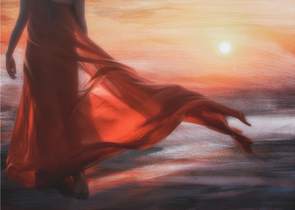 Flowing Red Dress Sunset
