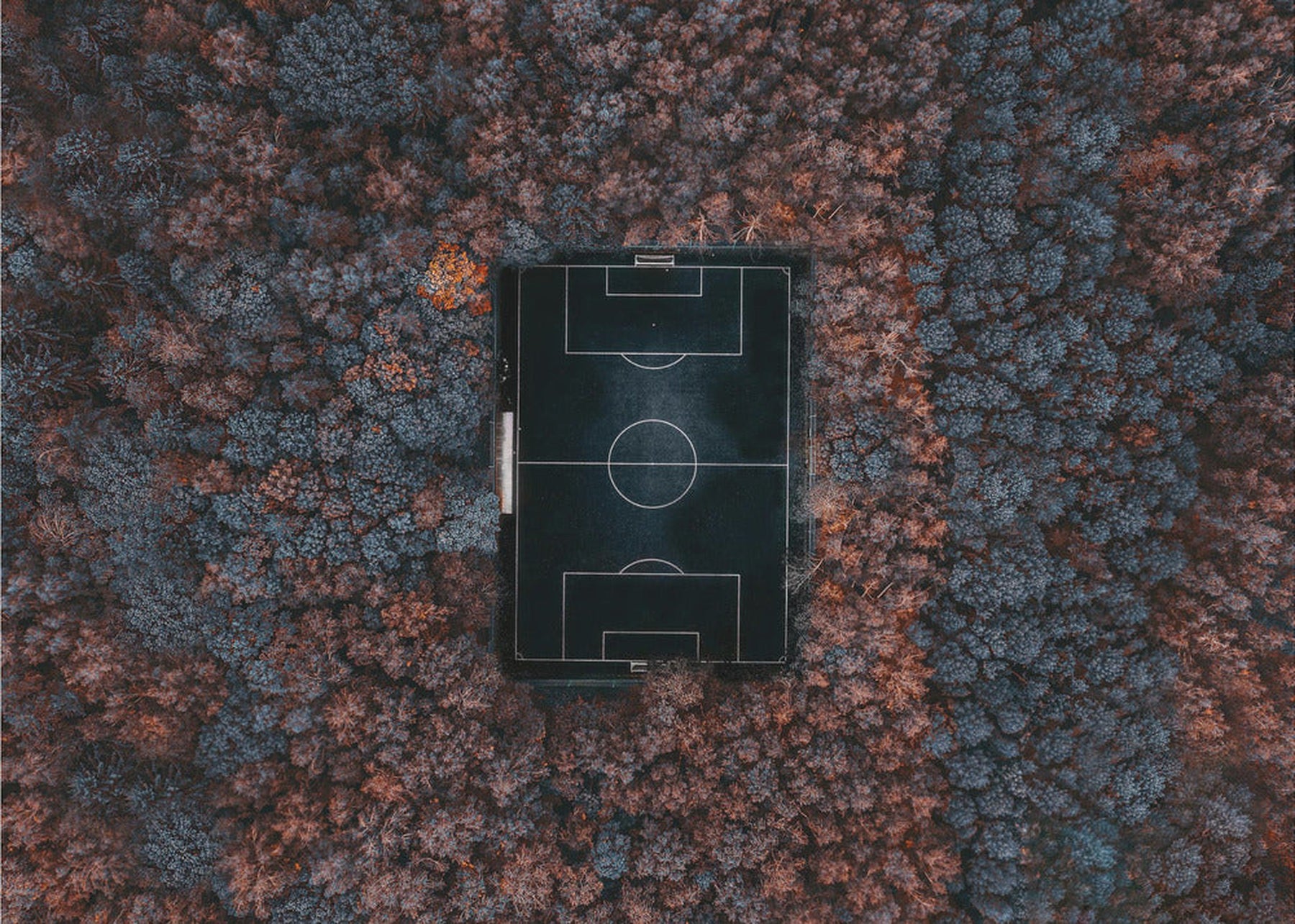 Playing in the forest - Flygfoto av fotbollsplan i skog