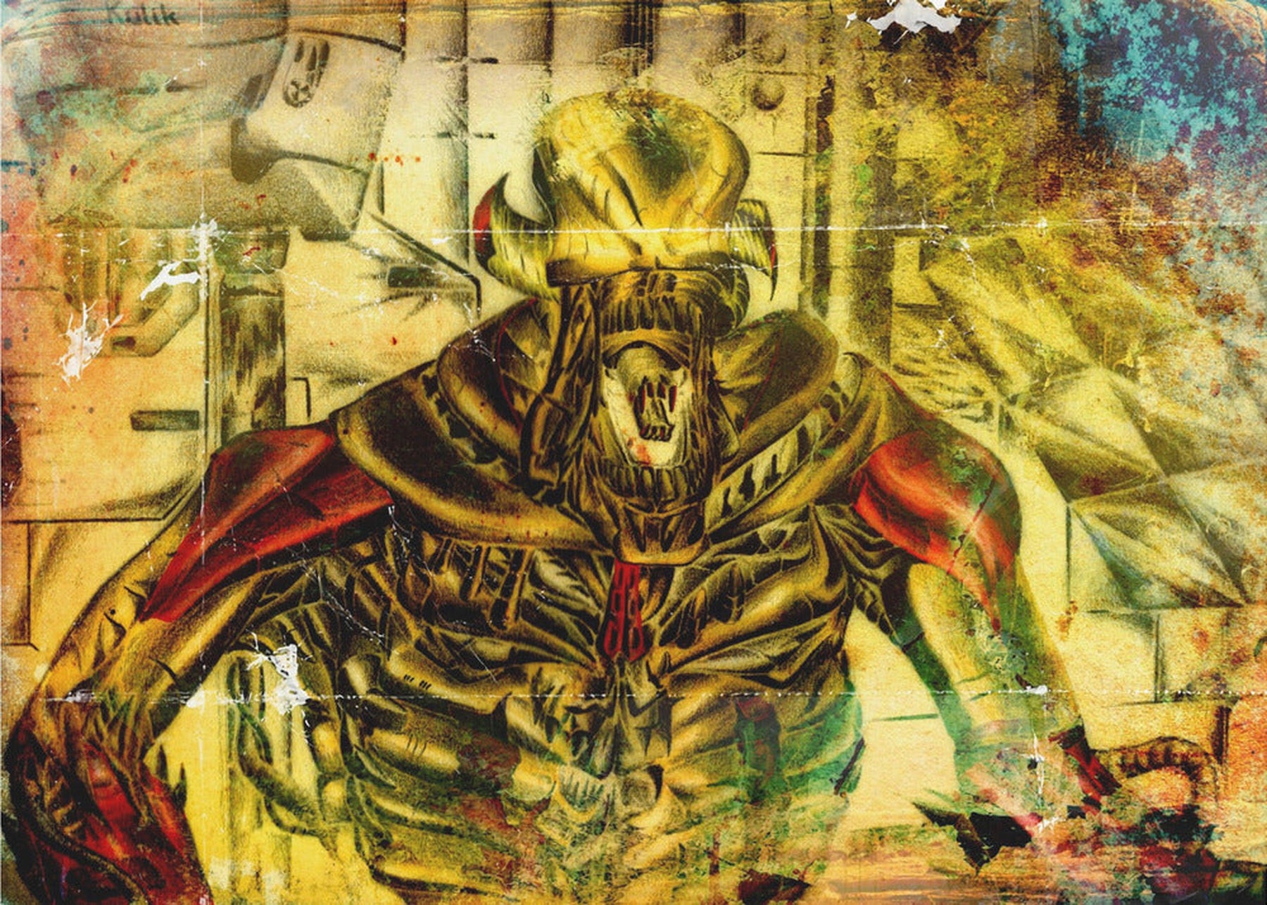 Alien portrait - Fototapet med futuristisk sci-fi-konst i gult och krom