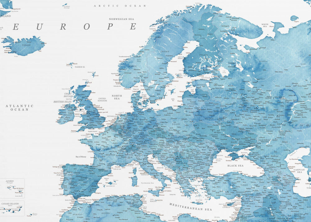 Blue detailed map of Europe